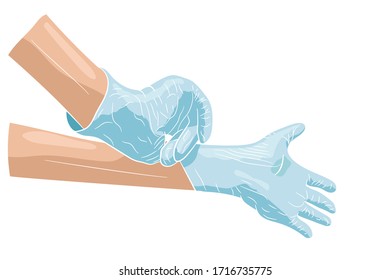 Graphic hands put on medical gloves. Hand protection against bacteria. Quarantine. Coronavirus. Vector illustration.