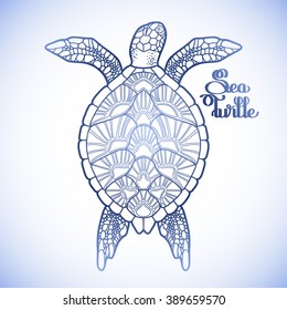 Graphic Hawksbill sea turtle drawn in line art style. Ocean vector creature in blue colors isolated on white background. Top view. Coloring book page design