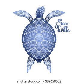 Graphic Hawksbill sea turtle drawn in line art style. Ocean vector creature in blue colors isolated on white background. Top view. Coloring book page design