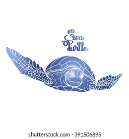 Graphic Hawksbill sea turtle drawn in line art style. Ocean vector creature in blue colors isolated on white background. Front view. Coloring book page design