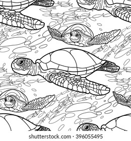 Graphic Hawksbill sea turtle drawn in line art style. Ocean vector seamless pattern. Coloring book page design for adults and kids