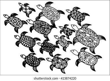 Graphic Hawks-bill sea turtle drawn in line art style. Ocean vector seamless pattern. Coloring book page design for adults and kids, hand drawing