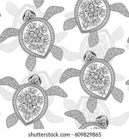 Graphic Hawksbill sea turtle drawn in line art style. Ocean vector seamless pattern. Coloring book page design for adults and kids