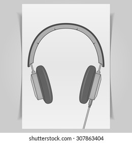 Graphic Headphones Design on white paper Sheet. Modern Music Illustration