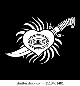 Graphic heart with all seeing eye pierced by metal knife with fire flames on background. Vector art for old school tattoo design. Coloring book page for adults and kids