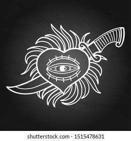 Graphic heart with all seeing eye pierced by metal knife with fire flames on background. Vector art for old school tattoo design