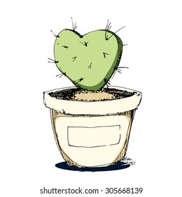 Graphic heart cactus isolated on white background. Hand drawn vector ink illustration