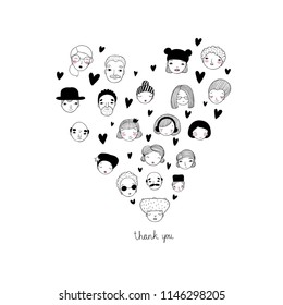 Graphic heart with faces. Avatars of people