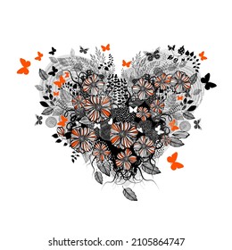 A graphic heart of flowers. Happy Valentine's Day. Vector illustration