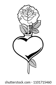 Graphic heart pierced by stylized rose. Vector art for old school tattoo design isolated on white background. Coloring book page for adults and kids