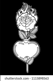 Graphic heart pierced by stylized flaming rose. Vector art for old school tattoo design isolated on black background. Coloring book page for adults and kids