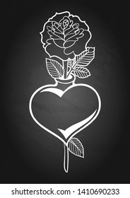 Graphic heart pierced by stylized rose. Vector art for old school tattoo design isolated on chalkboard background