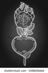 Graphic heart pierced by stylized flaming rose. Vector art for old school tattoo design isolated on chalkboard background