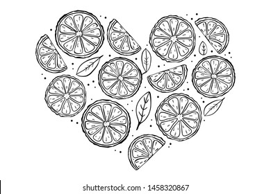 
graphic heart shaped citrus slices black outline on white background