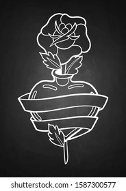 Graphic heart wrapped in ribbon and pierced by stylized flower. Vector art for old school tattoo design isolated on chalkboard background