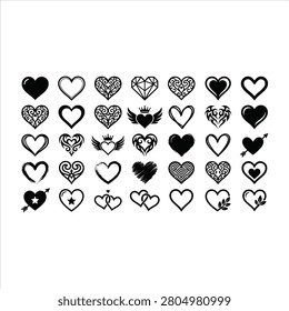 Graphic hearts collage using bold ink-like linework and ornamental fills. Playful romantic mood, high contrast on clean space. Ideal for greeting cards, valentines branding, and tattoo flash sheets.