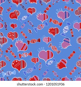Graphic hearts love on blue, red and pink colors. Seamless love pattern with cute lettering calligraphy text and hearts, envelopes, doodles. Hand drawn illustration in cartoon style. Vector design.