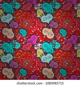 Graphic hearts love on red, pink, blue and neutral colors. Vector. Hand drawn illustration in cartoon style. Seamless love pattern with cute lettering calligraphy text and hearts, envelopes, doodles.