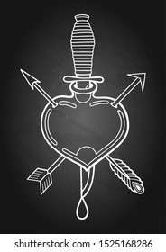 Graphic hearts pierced by metal knife and two different arrows. Vector art for old school tattoo design isolated on chalkboard background