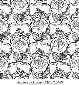 Graphic hearts pierced by stylized flaming roses. Vector seamless pattern. Coloring book page for adults and kids