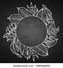 Graphic heliconia leaves and flowers. Vector exotic round design