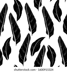 Graphic heliconia seamless pattern. Vector exotic leaves. Coloring book page for adults and kids. Wallpaper or textile design.
