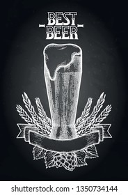 Graphic high glass of beer decorated with ribbon, malts and hops drawn in engraving technique. Vintage vector alcoholic beverage isolated on the blackboard background