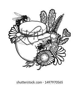 Graphic honey bottle decorated with meadow flowers and bees. Isolated vector design