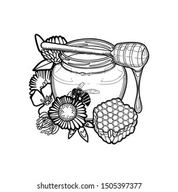 Graphic honey bottle and the dripper decorated with honeycomb, meadow flowers and the bee. Isolated vector design
