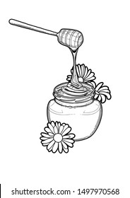 Graphic honey flowing from the dipper to the bottle and decorated with meadow flowers. Isolated vector design