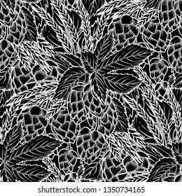 Graphic hops and malts. Vintage vector seamless pattern drawn in engraving technique