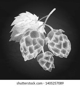 Graphic hops on the branch. Vector natural design drawn in stippling technique