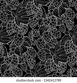 Graphic hops on the branch. Vintage vector seamless pattern drawn in engraving technique