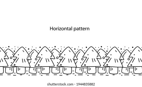 Graphic horizontal pattern with cartoon spruces. Great white and black element for your design.