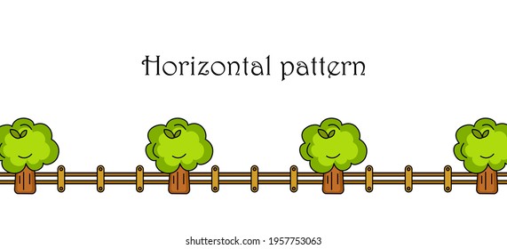 Graphic horizontal pattern with cartoon trees and wooden fence. Great colored element for your design.