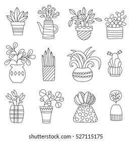 Graphic house plant drawings black and white vector set