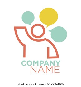 Graphic human line figure and speech bubbles thought signs on white. Vector colorful illustration in flat design of company logotype with inscription below. Space for text, person silhouette logo