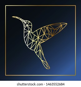 Graphic hummingbird with a golden gradient on a dark blue background.