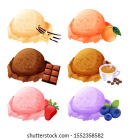 graphic ice cream 6 flavor vanilla, orange, chocolate, coffee, strawberry, blueberry isolate on white background