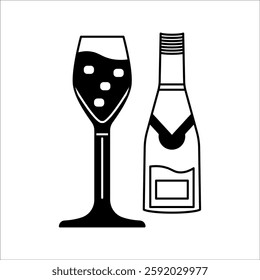 Graphic icon of champagne clinking glasses and bottle. Cheers to champagne party event sign isolated on white background. Vector illustration