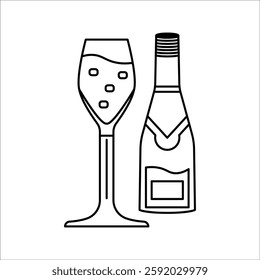 Graphic icon of champagne clinking glasses and bottle. Cheers to champagne party event sign isolated on white background. Vector illustration