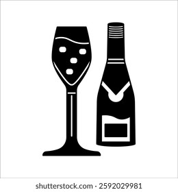 Graphic icon of champagne clinking glasses and bottle. Cheers to champagne party event sign isolated on white background. Vector illustration