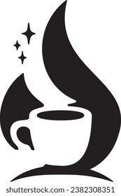A graphic icon of coffee with a flame and stars in the background.