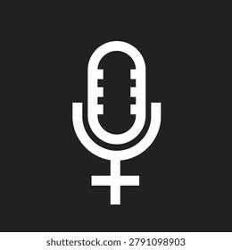 Graphic icon combining a microphone with the female gender symbol, representing women's voices, empowerment, and gender equality in media.