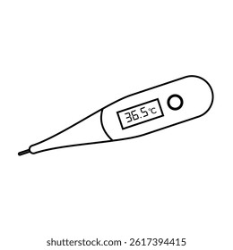 Graphic icon of a digital thermometer, a tool for measuring body temperature, 
used in the medical field for human health. Outline Vector.