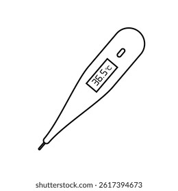 Graphic icon of a digital thermometer, a tool for 
measuring body temperature, used in the medical field for human health. 
Outline Vector.  
