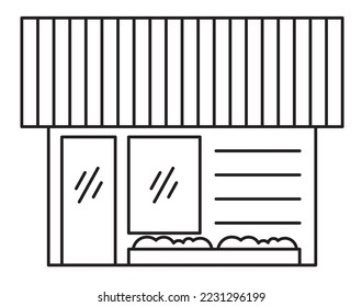 Grafische Ikone-Fassade von Geschäftsräumen oder einstöckigen Geschäften. Vektorgrafiken von kommerziellen Gebäuden auf der Stadtstraße. 2D Schwarz-Weiß-Zeichnung.