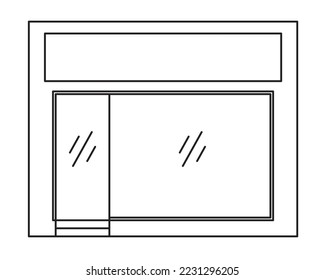 Graphic icon facade of business premises or one-story shops. Vector illustrations of commercial buildings on city street. 2D black and white drawing.