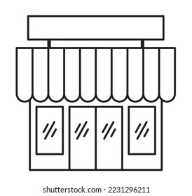 Graphic icon facade of business premises or one-story shops. Vector illustrations of commercial buildings on city street. 2D black and white drawing.