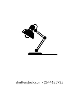 Ícone gráfico com uma lâmpada de mesa preta com um braço ajustável e uma base ponderada, usado para iluminação de tarefa focada em projetos de espaço de trabalho.